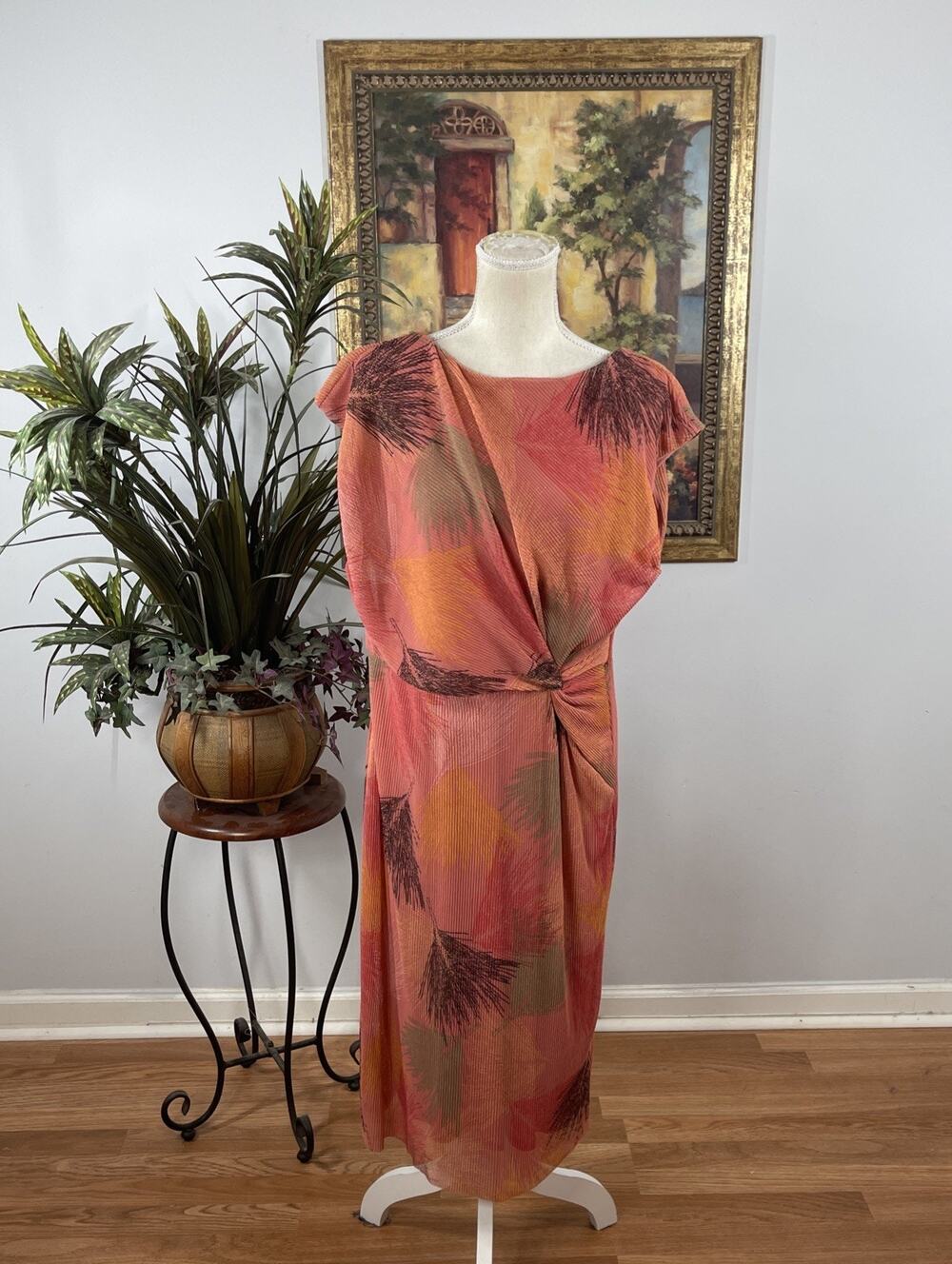 s.Oliver Pleated‎ Coral Abstract Midi Dress Twist Front Stretch Women's Large